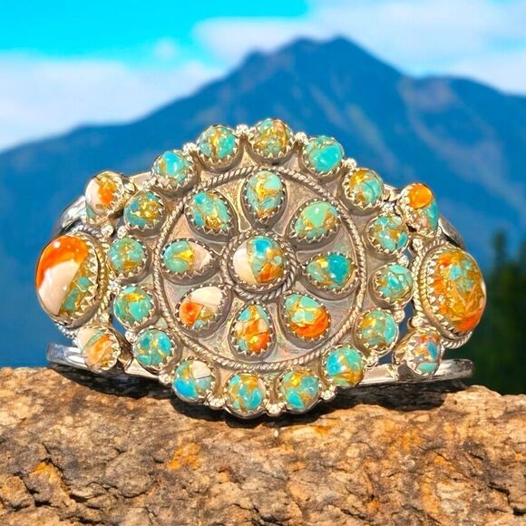 Turquoise and Orange Silver Bracelet - Picture 1 of 6